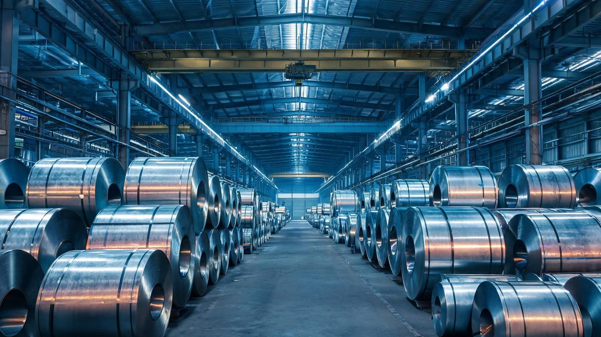 Steel coil storage bay with an overhead crane at a coil processing plant