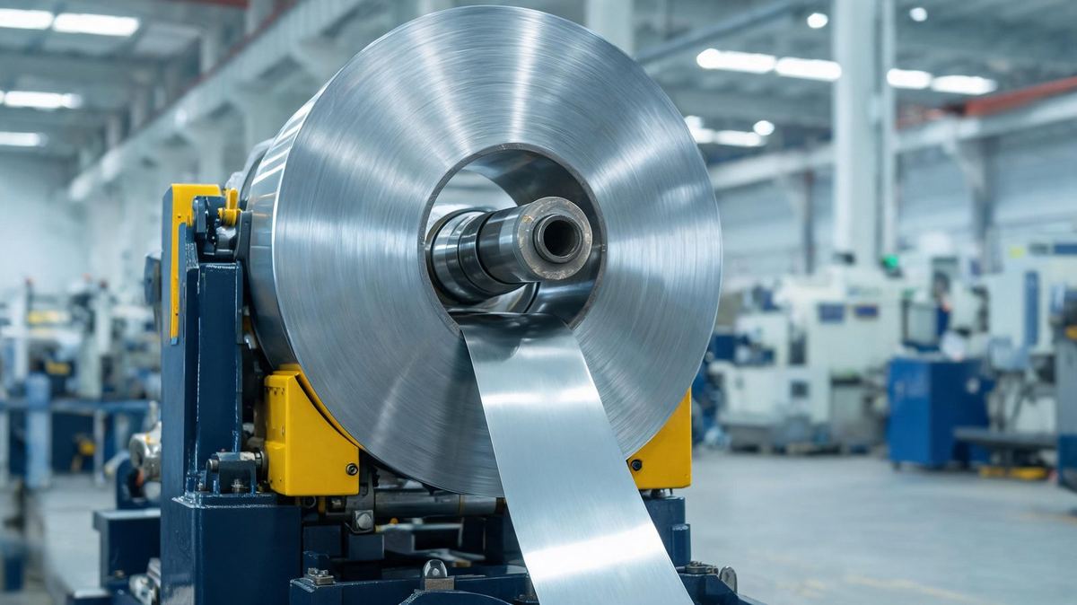 Coil mounted on a hydraulic decoiler during machine installation