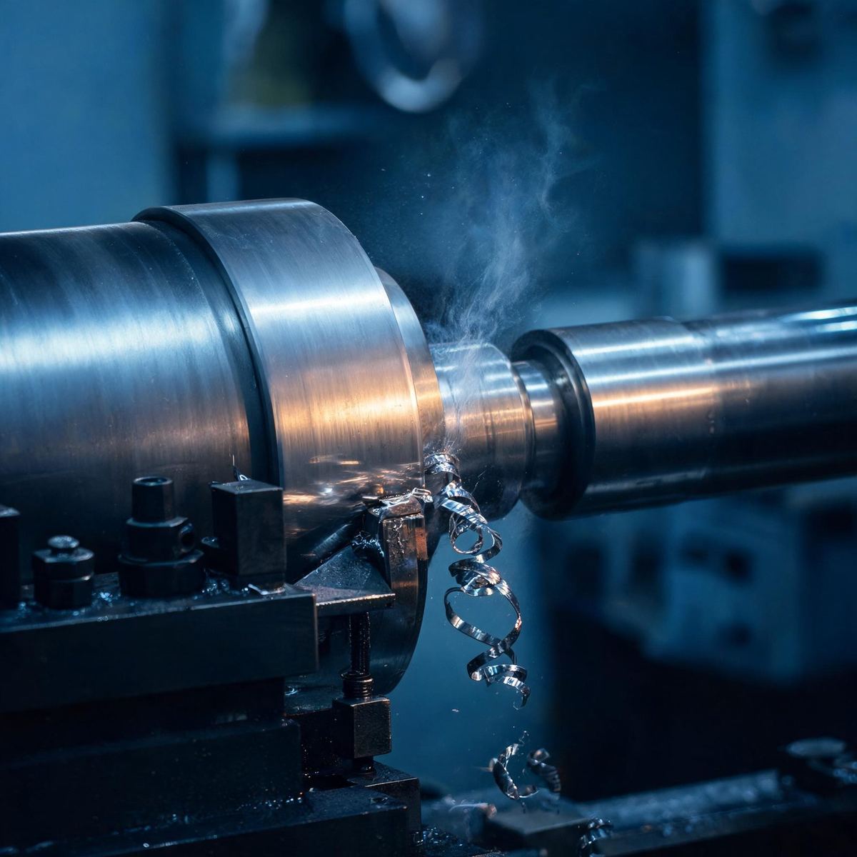 Machining a shaft on a heavy lathe for machine maintenance work