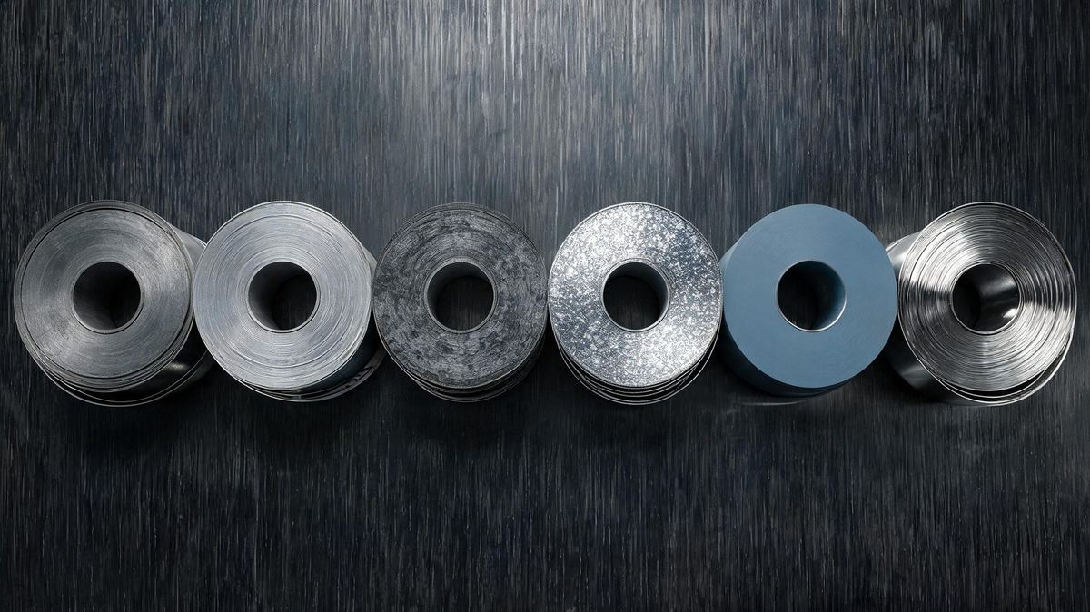 Steel coil samples: mild steel, cold rolled, hot rolled, galvanised, pre-painted galvalume and stainless steel