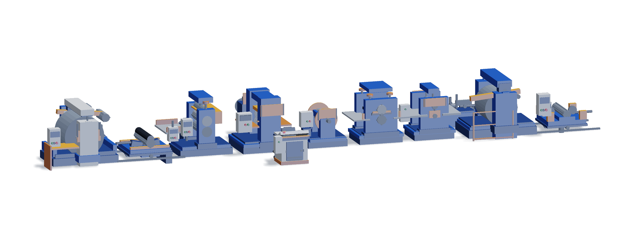 Coil slitting line: decoiler, coil car, pinch roll, slitter head, scrap winder, tension stand, separator, recoiler and exit car in line order